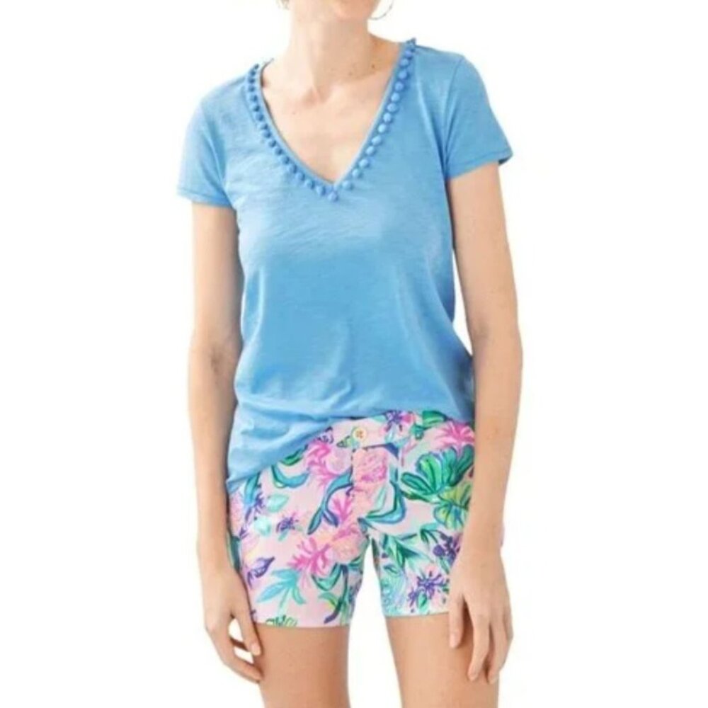 Lilly Pulitzer Etta Top with Pom Poms in Zanzibar Blue XS Beach Casual Summer